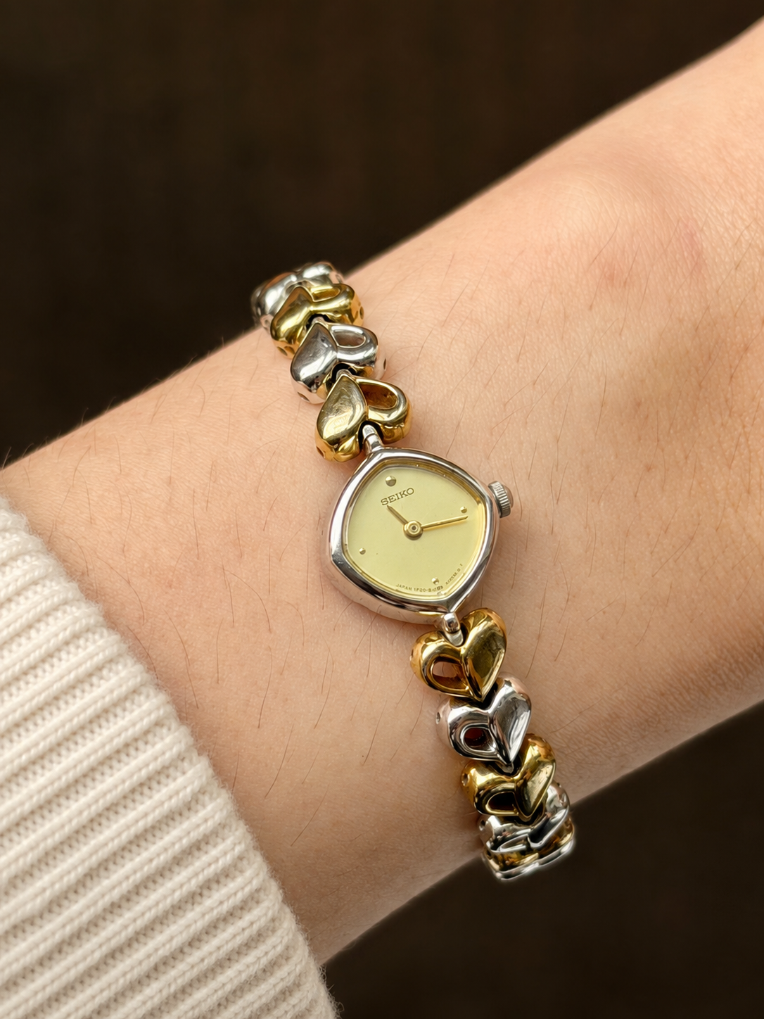 Vintage Seiko two-tone heart-link bracelet watch, front view
