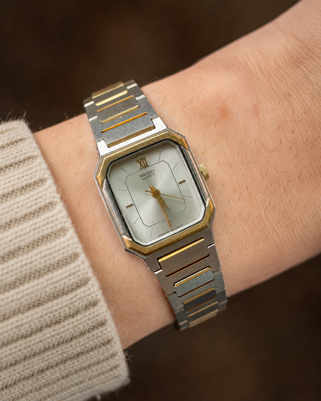 Vintage Seiko two-tone rectangular quartz dress watch, front view