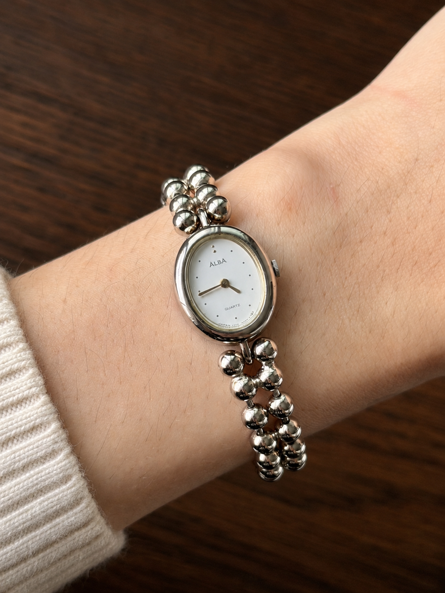 Vintage Alba petite ball-chain bracelet quartz watch, front view
