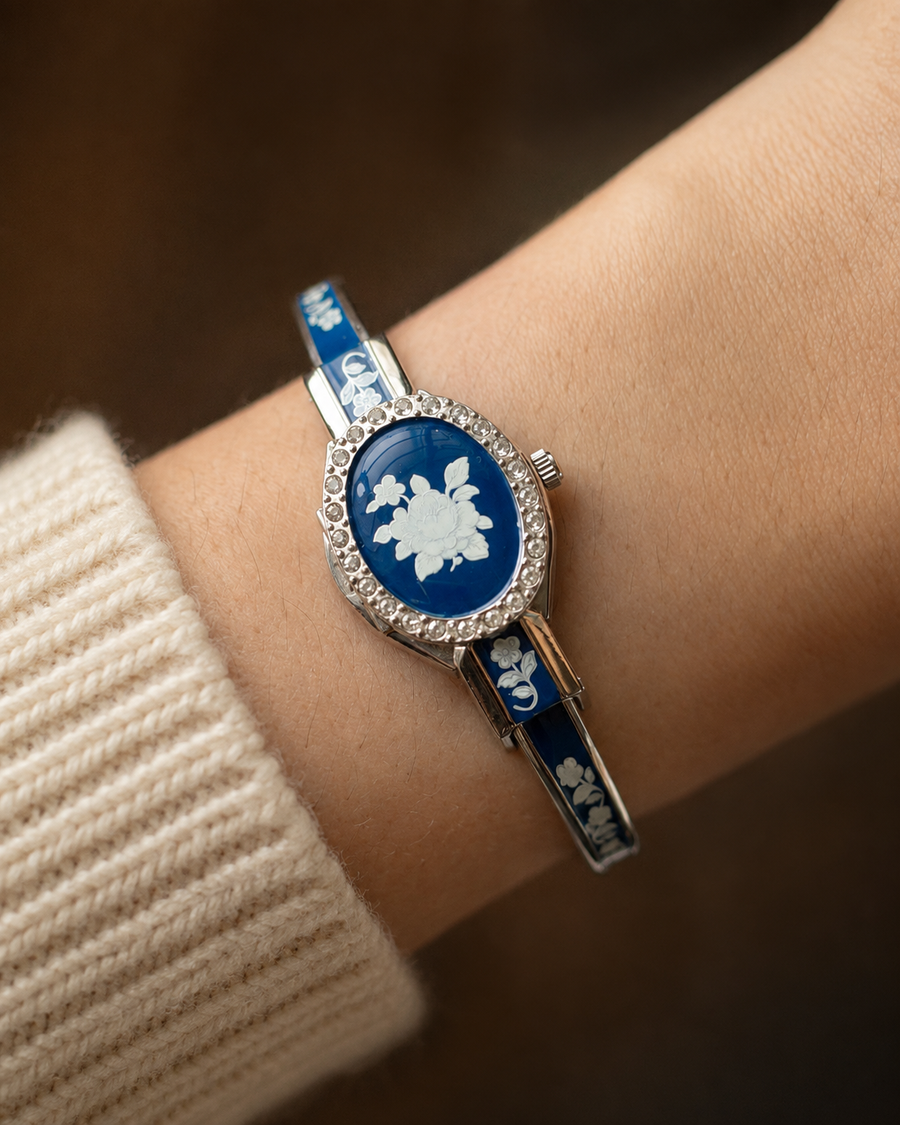 Vintage Andre Mouche peekaboo floral bangle watch product photo