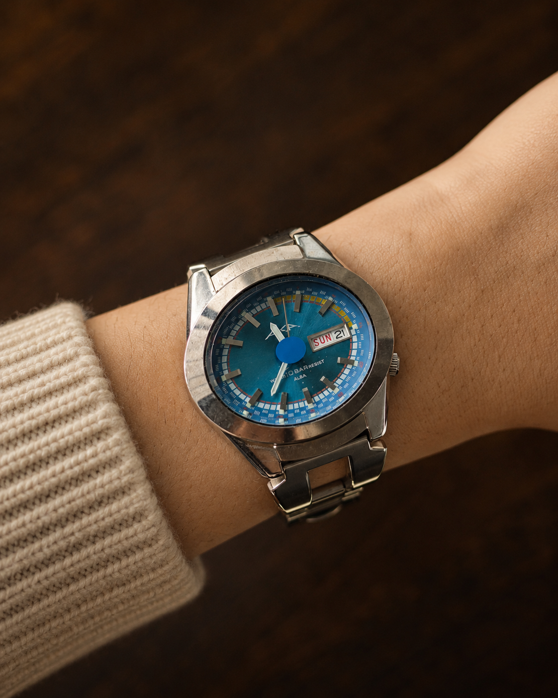 Vintage Seiko AKA Alba blue dial quartz watch, front view