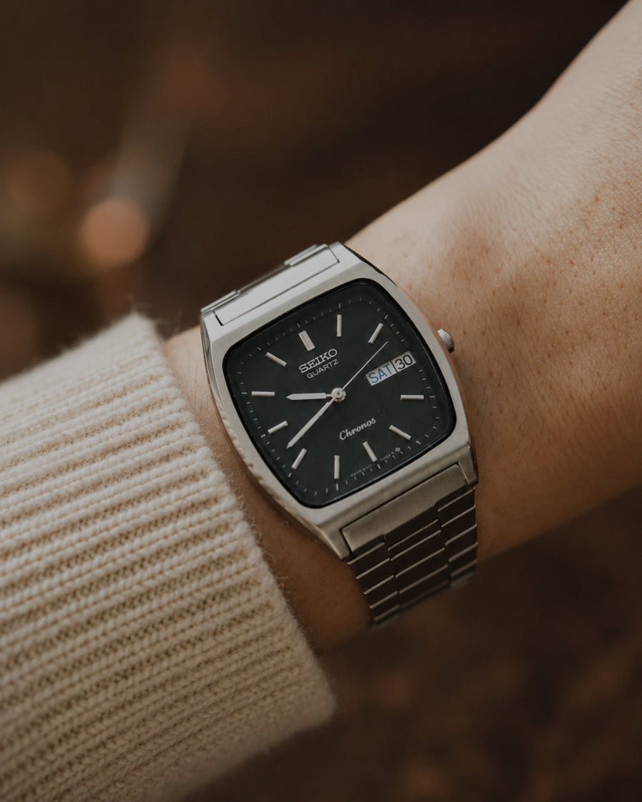 Vintage Seiko Chronos TV-shaped black dial quartz watch product photo