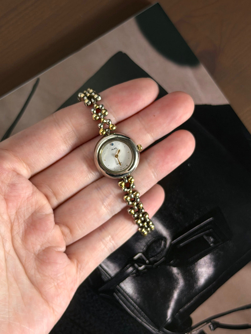 Alba Two-Toned Beaded Bracelet Watch With Blue Jewel