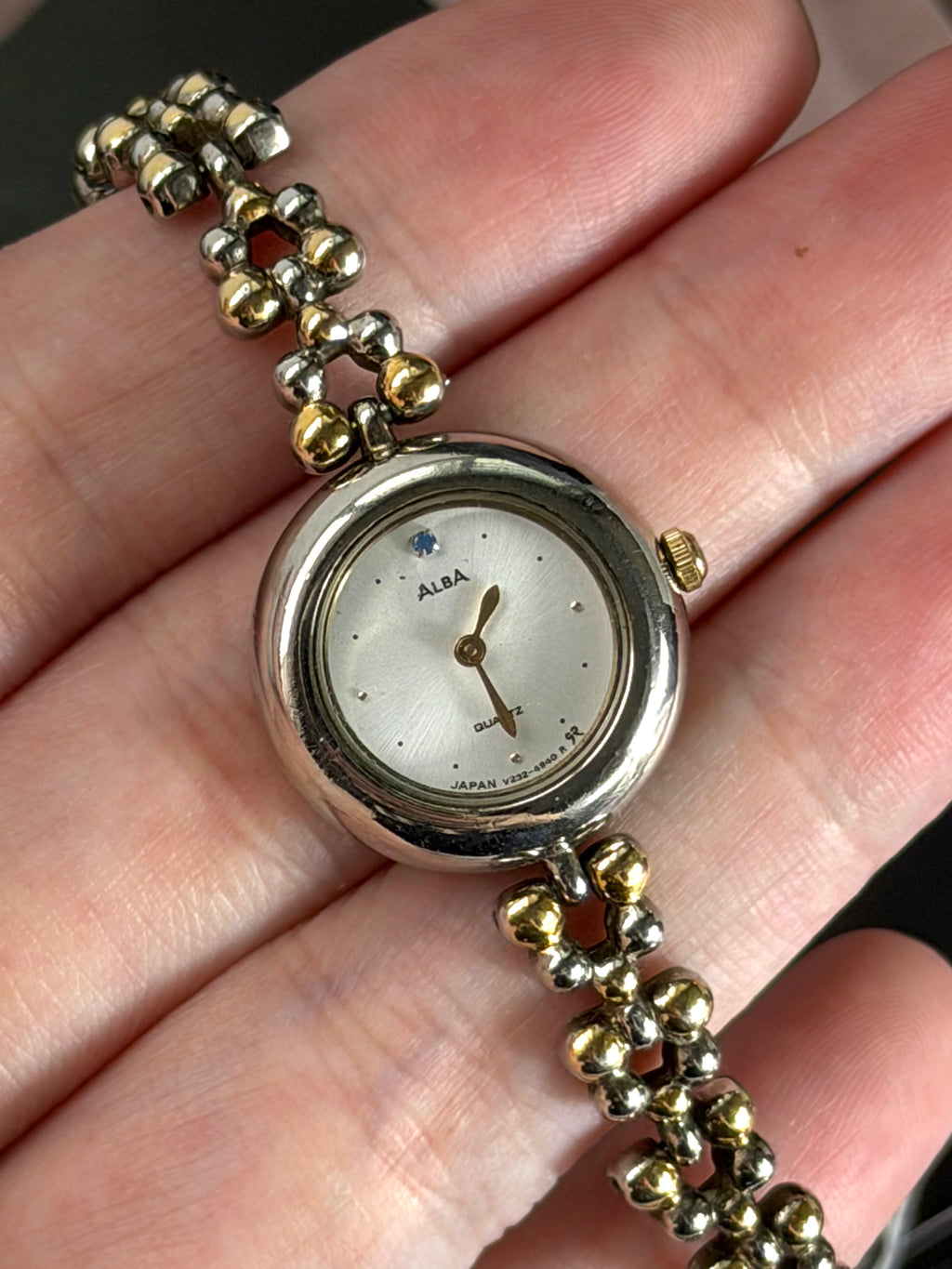 Alba Two-Toned Beaded Bracelet Watch With Blue Jewel