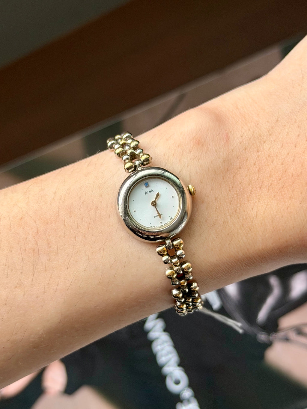 Alba Two-Toned Beaded Bracelet Watch With Blue Jewel