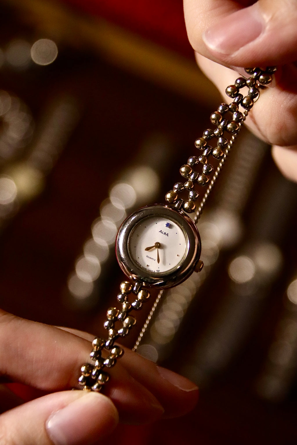Alba Two-Toned Beaded Bracelet Watch With Blue Jewel