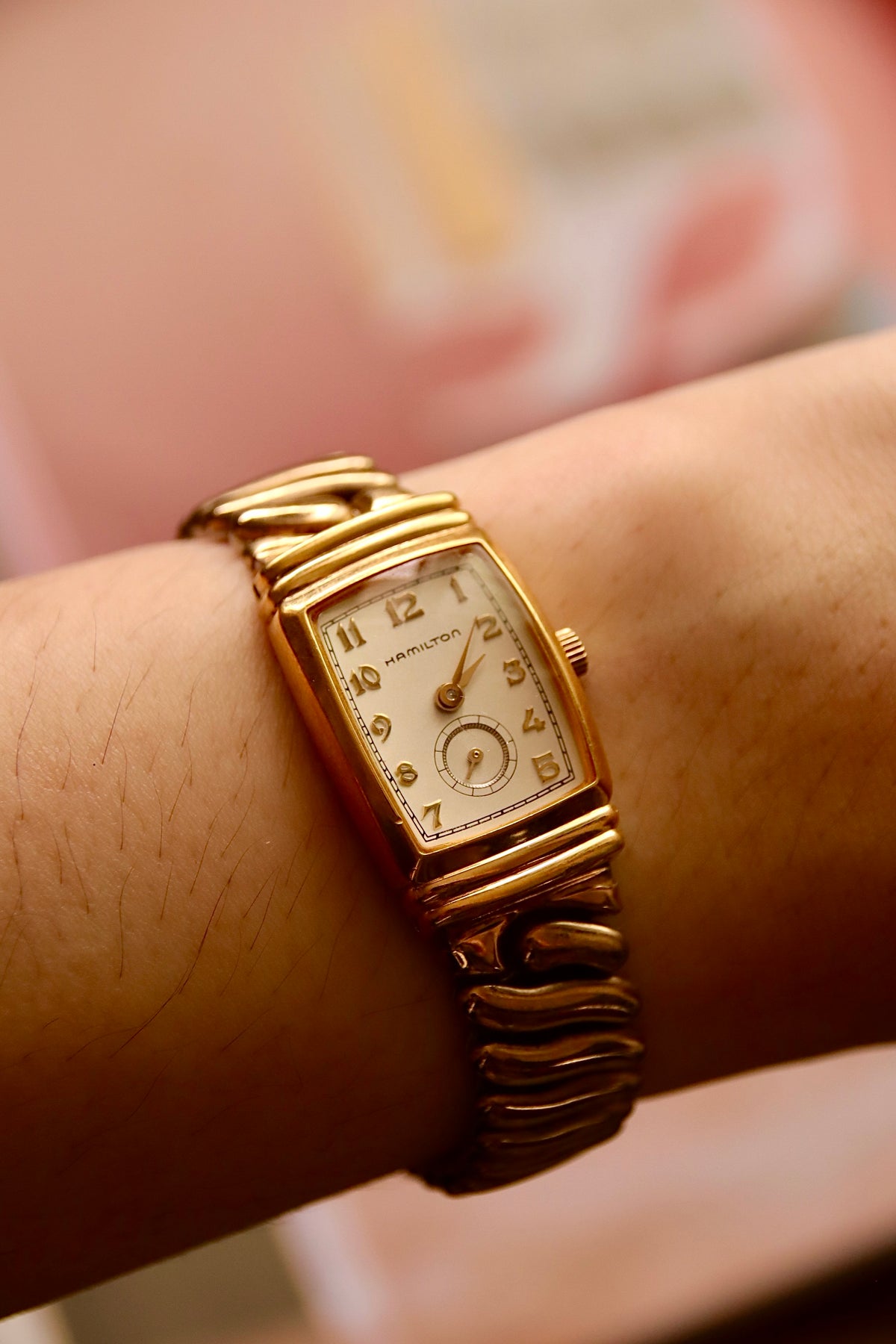 Vintage Hamilton gold Art Deco tank watch, front view product image 1