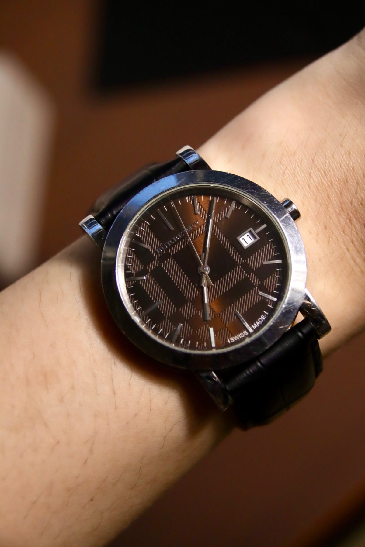 Burberry brown check dial stainless steel vintage watch with black leather strap product image 1