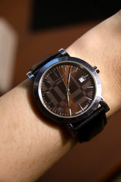 Burberry brown check dial stainless steel vintage watch with black leather strap thumbnail 1