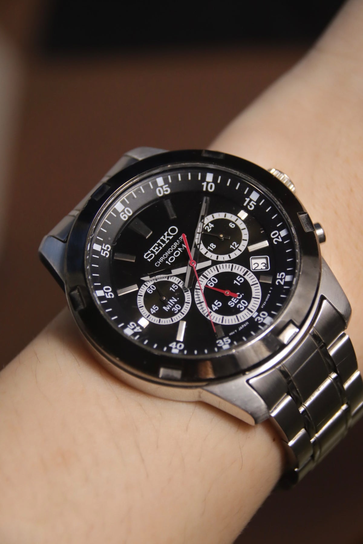 Seiko Chronograph 100M black dial stainless steel quartz vintage watch on wrist product image 1
